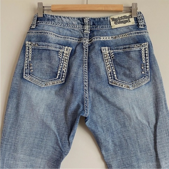 Rock & Roll Cowgirl Mid Rise Bootcut Jeans Sz 32 x 32 Bling Pocket - Picture 1 of 13